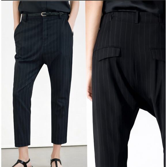 Nili Lotan 4 Drop Crotch $495 Paris Pants Pinstripe Virgin Wool Crop Black NWT!